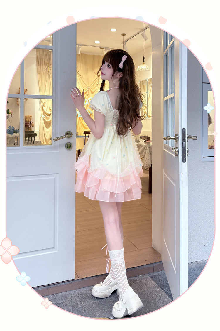 Bubble Lover Short Puff Sleeves Multi-Layered Ruffle Lace Sweet Princess Lolita Dress