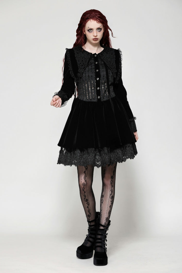 Gothic Velvet Short Dress with Lace Trim and Extended Sleeves