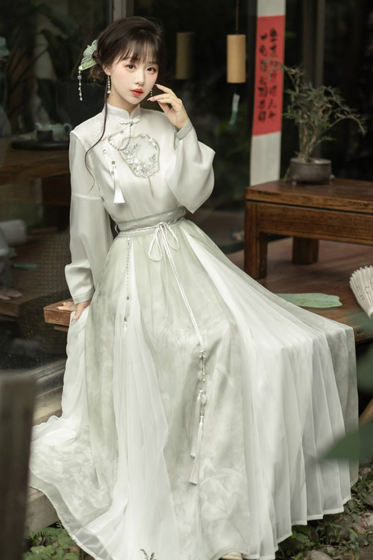 Emerald High-Waist Embroidered Mandarin Collar Puff Sleeve Hanfu Blouse and Skirt Set