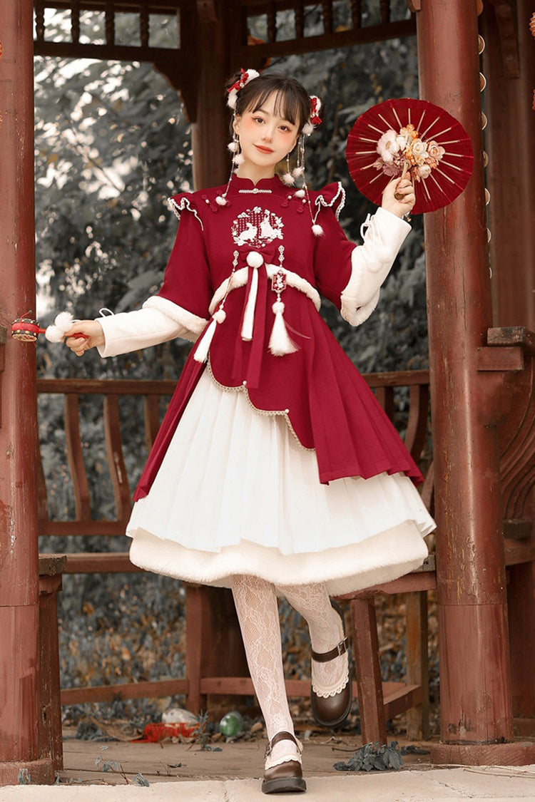 Cherry Rabbit Motif Hanfu Outfit with Long Sleeves and High Rise