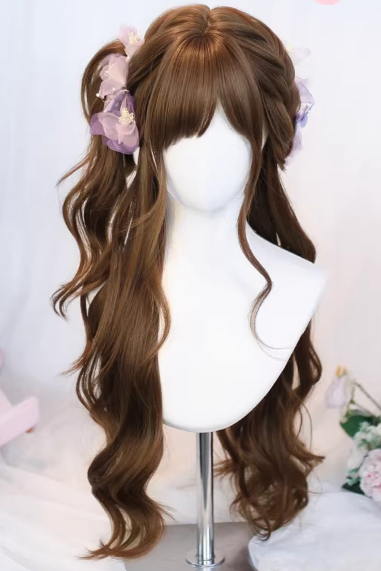 Japanese Lazy Vibe Brown Long Wavy Sweet Lolita Wig with Airy Bangs
