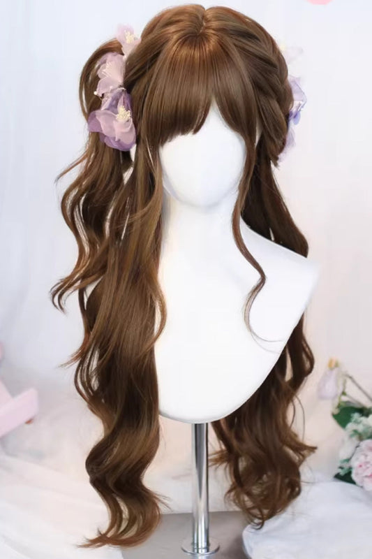 Japanese Lazy Vibe Brown Long Wavy Sweet Lolita Wig with Airy Bangs