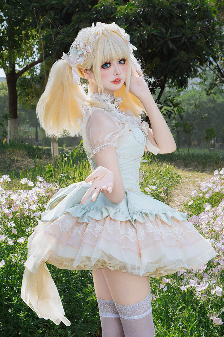 Emerald Sleeveless Multi-Layered Ruffle Bow Lace Lace-Up Sweet Princess Lolita JSK