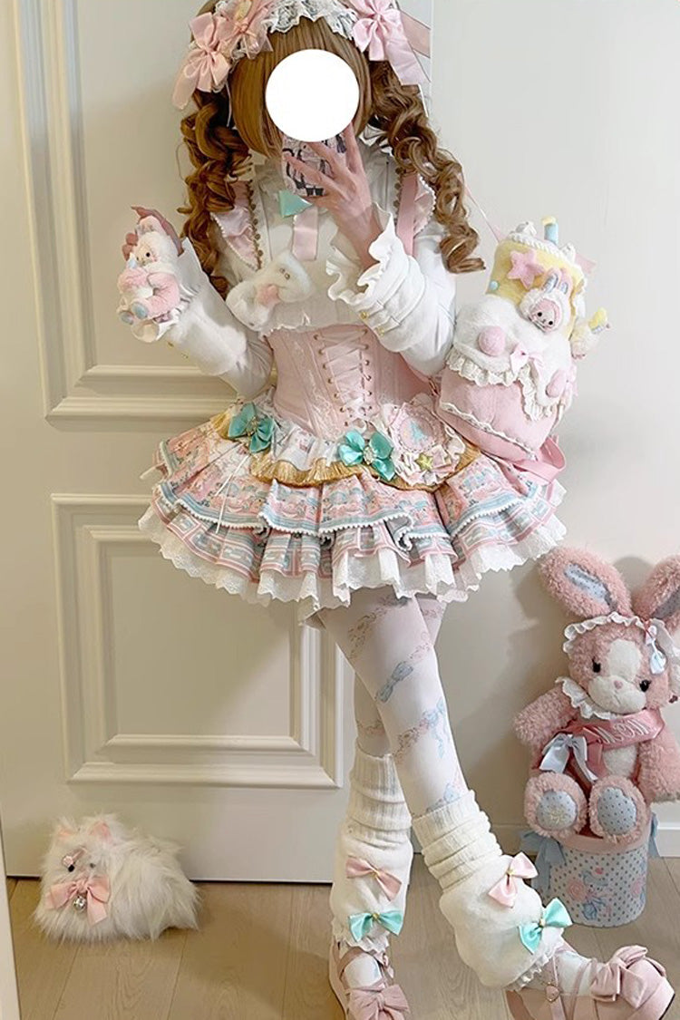 Candy House Multi-Layer Print Ruffle Bow Lace-Up Ballet Lolita JSK