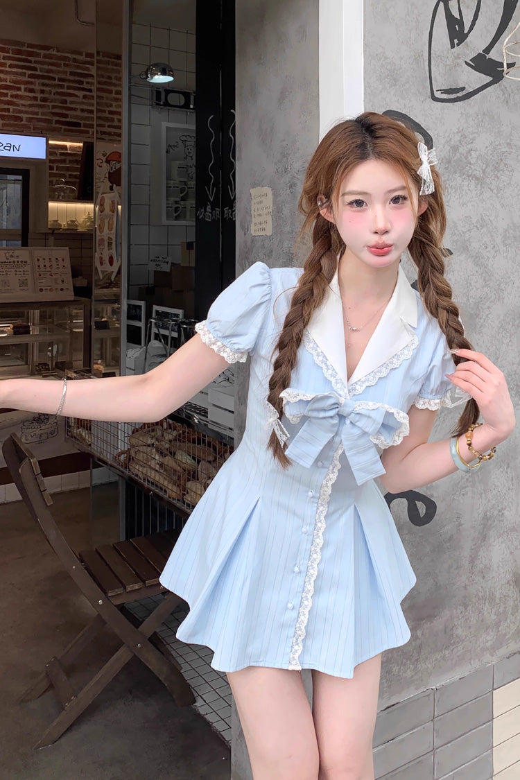 Striped Print Ruffle Bowknot Sweet Jirai Kei Dress with V Collar and Short Puff Sleeves