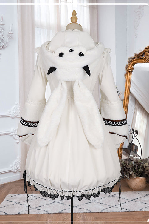 Gothic Lolita OP Dress with Detachable Hat, High Neck, Woolen Cuffs, Demon Rabbit