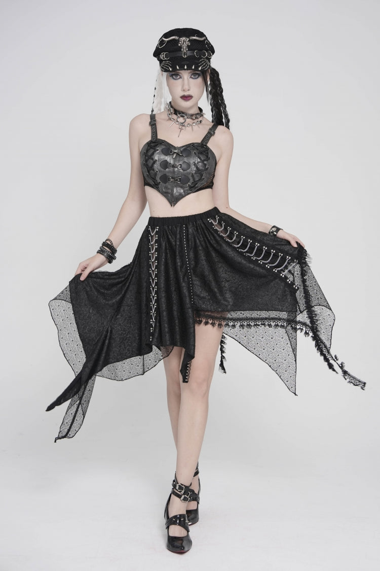 Punk Streamer Skirt with Irregular Hem and Chain Accents