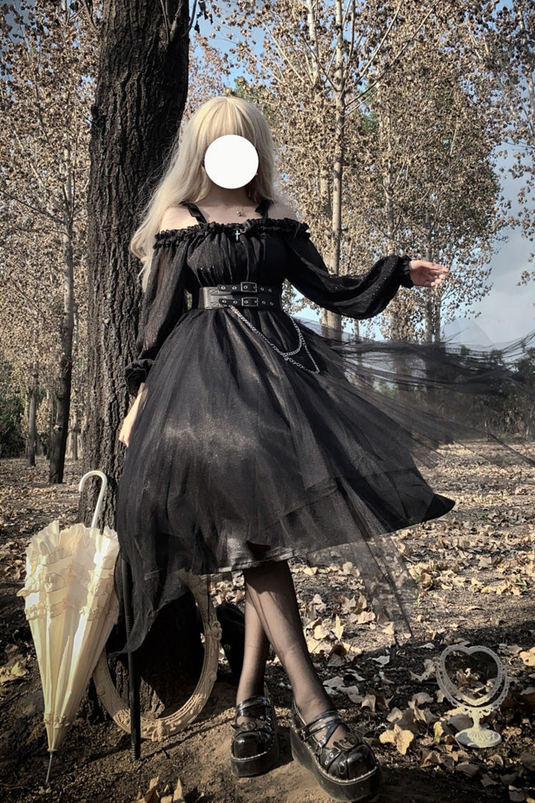 Gothic Plus-Size Lace Dress with Ruffle Bow Accents and Stitching, Long Sleeve