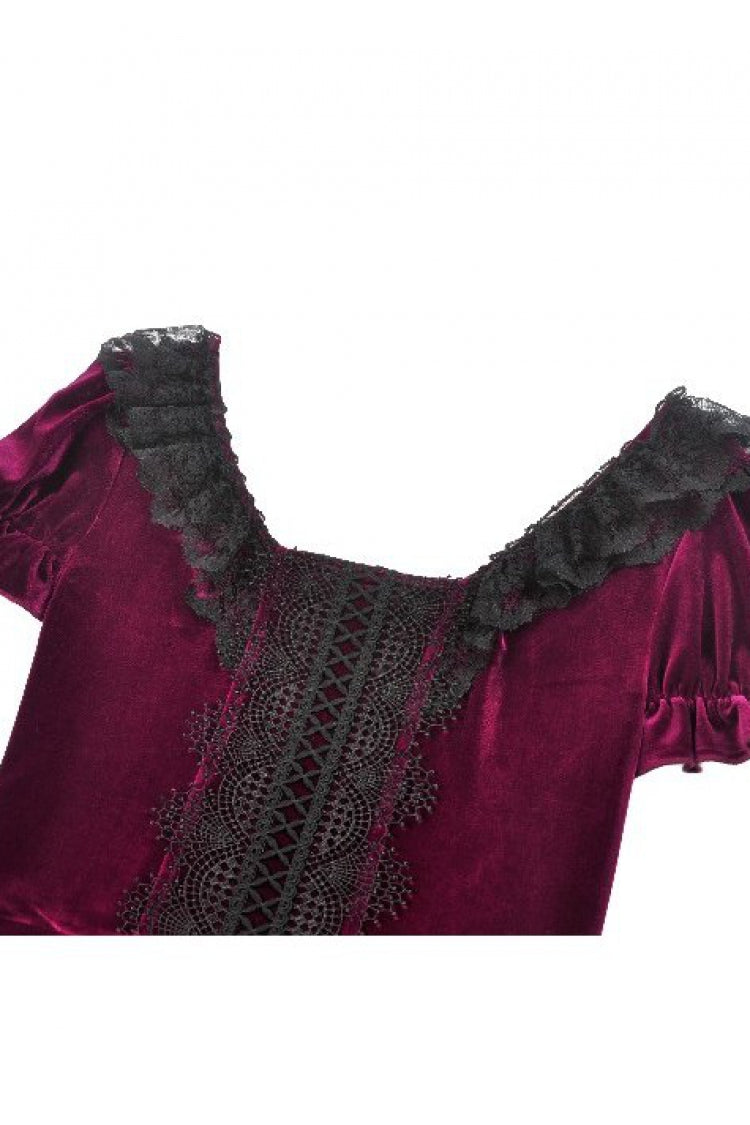 Burgundy Square Collar Short Puff Sleeve Velvet Patchwork Lace Lace-Up Gothic Dress