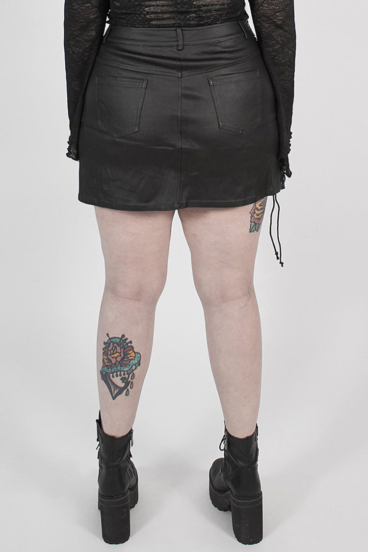 Asymmetric Hem Leather Skirt with Side Clasps and Lacing