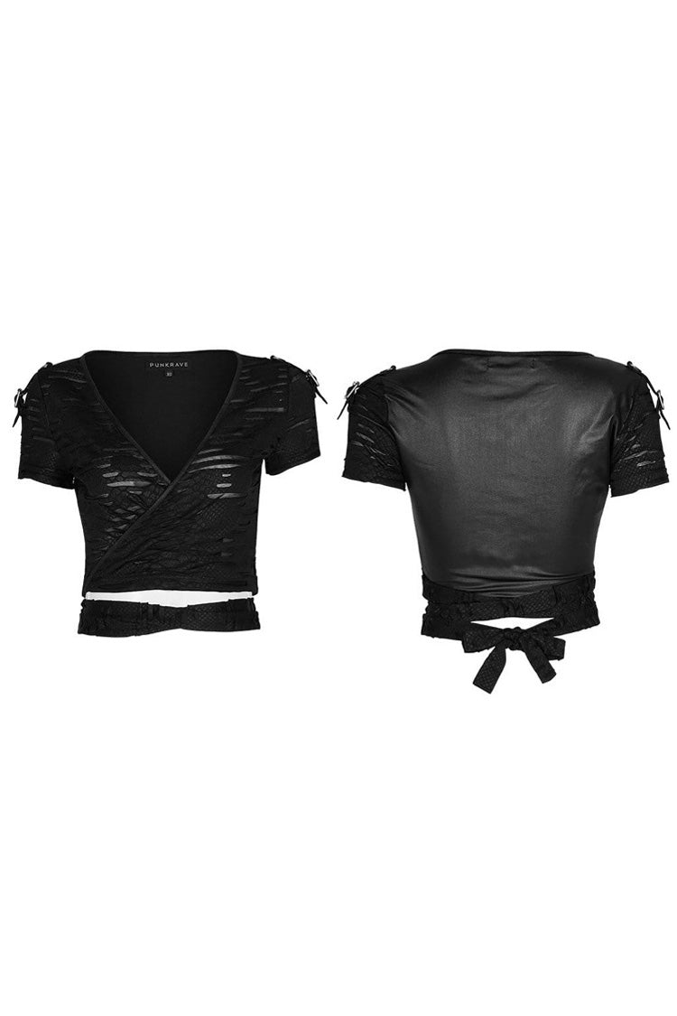 Punk V-Neck Short Sleeve Tee with Back Bandage & Distressed Holes in Black