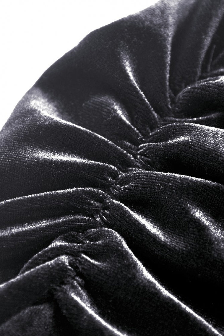 Gothic Velvet Gown with Puff Sleeves and Lace Detailing in Black
