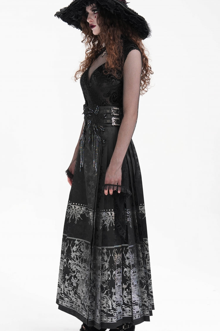 Ink-Black Embroidered Fringe Buckle-Trimmed Maxi Skirt