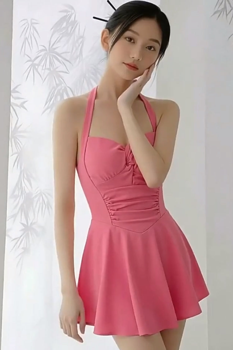 Watermelon Red Square Neck Halter Sleeveless Ruffled Lace-Up Sweet Lolita One-Piece Swimsuit