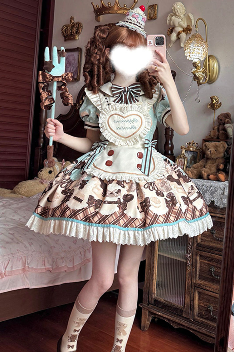 Sweet Lolita Dress with Chocolate Cake Bear Print and Lace-Up