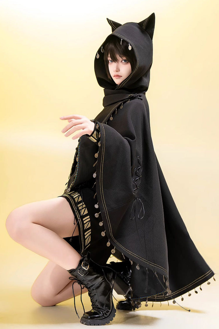 Hooded Ouji Gothic Cloak with Cat Ears Embroidery - Black Cat
