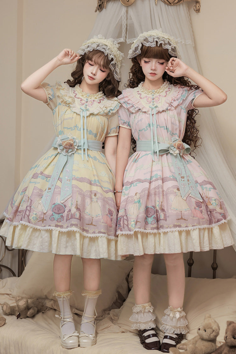 Rose Bear Print Bow Sweet Lolita Dress Set with Ruffled Short Sleeves