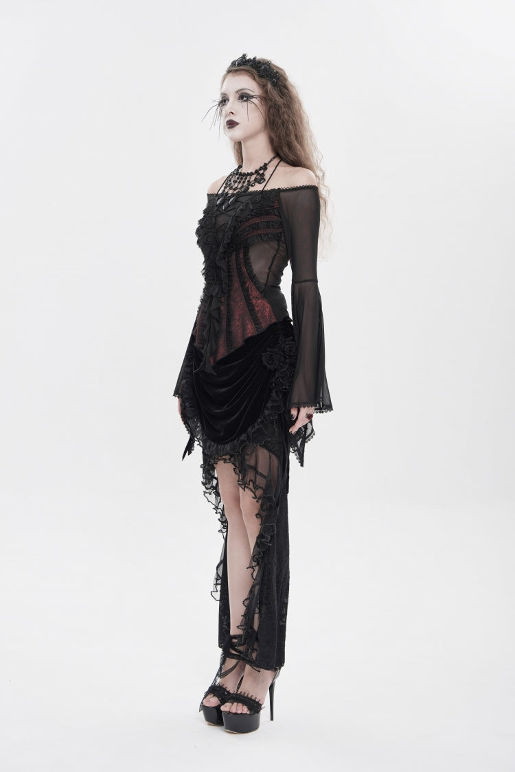 Crimson & Noir Off-Shoulder Long Bell Sleeve Ruffled Embroidered Lace-Up Gothic Blouse