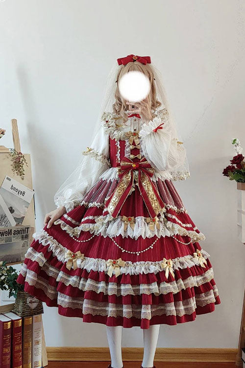 Burgundy Hanayome Bow Princess Ruffle Sweet Lolita JSK