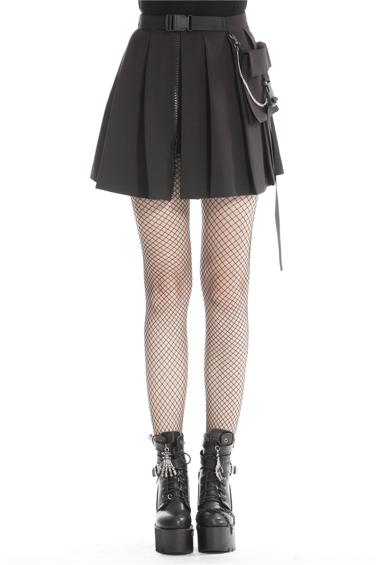 Zippered Pleated Punk Mini Skirt with Side Bag