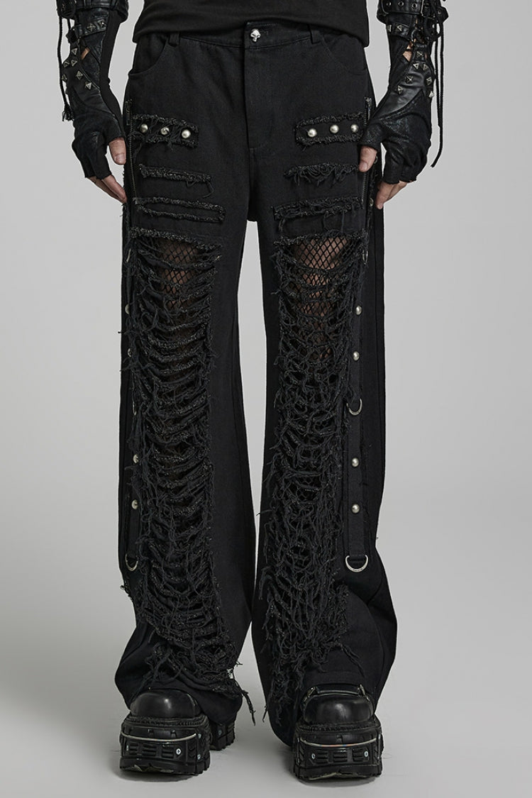 Steampunk Men's Ripped Straight Pants with Metal Rivets and Mesh - Two Tones