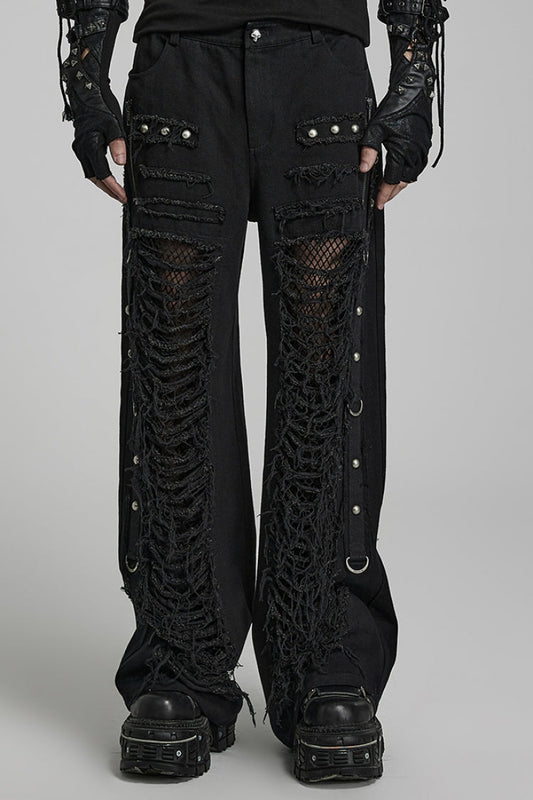 Steampunk Men's Ripped Straight Pants with Metal Rivets and Mesh - Two Tones
