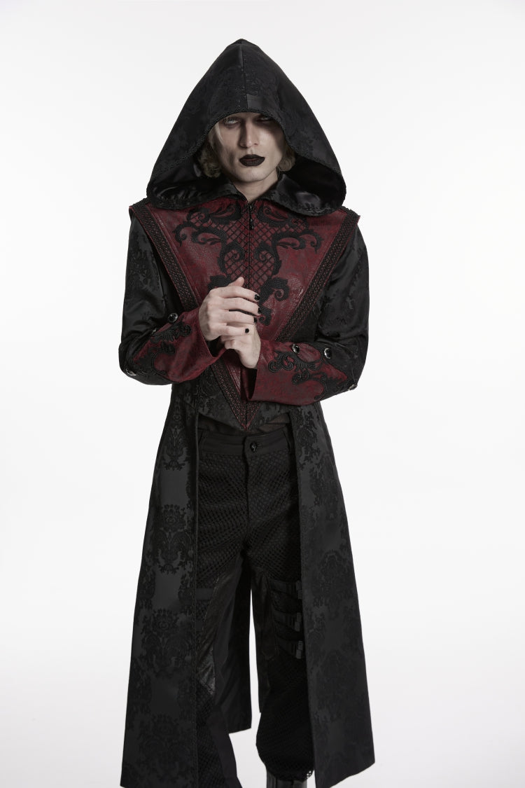 Crimson Noir Jacquard Hooded Embroidered Spliced Long-Sleeve Men's Punk Jacket