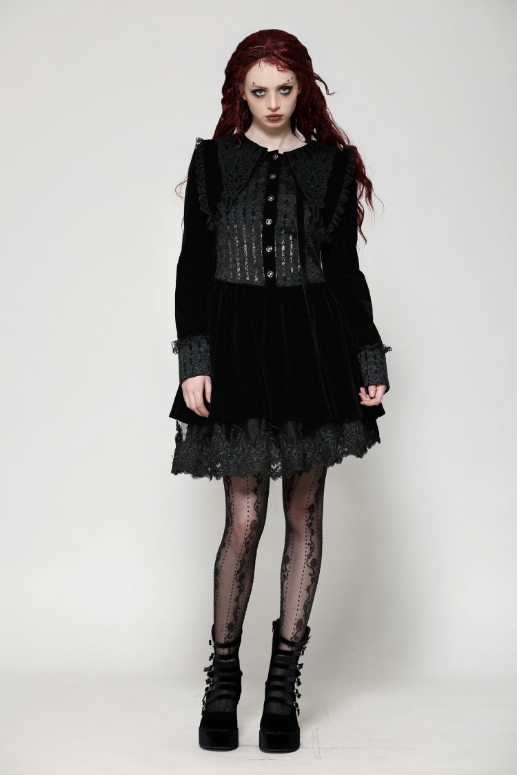 Gothic Velvet Short Dress with Lace Trim and Extended Sleeves
