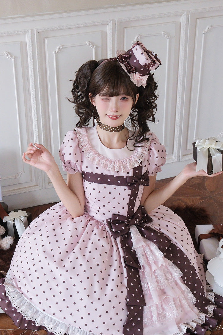 Canelé Gift Box Round Collar Short-Sleeve Polka Dot Ruffle Open Bow Asymmetric Lolita Dress