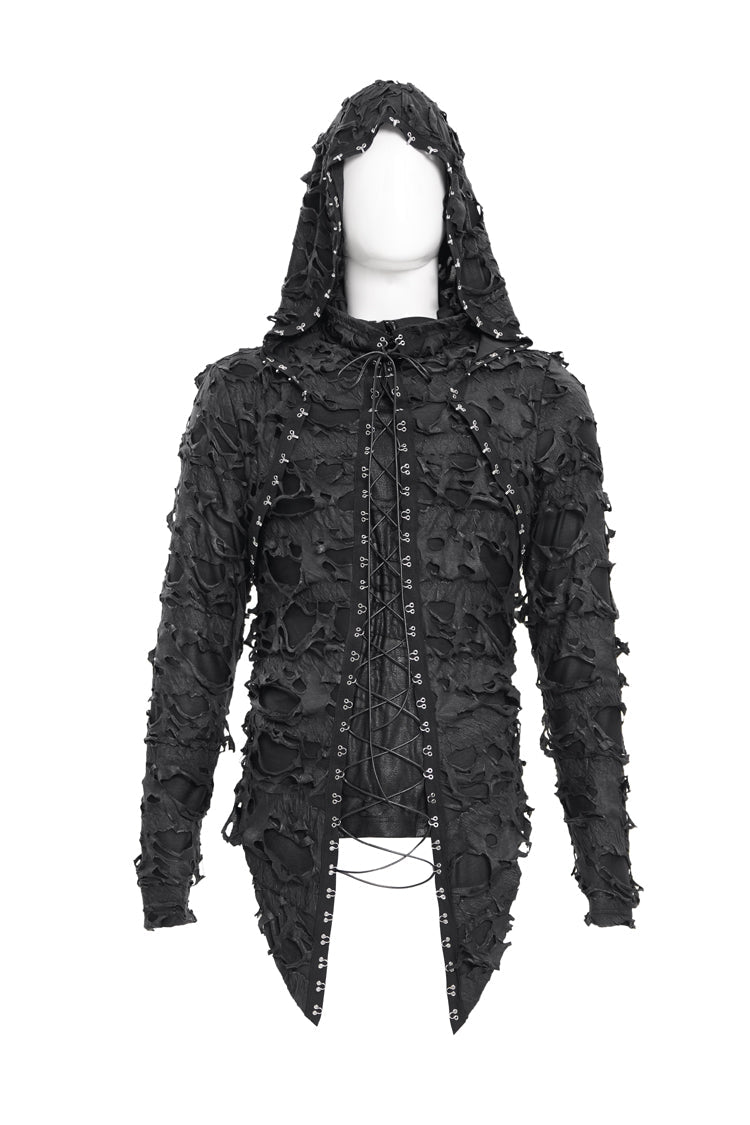 Gothic Hooded Coat with Studs and Lace-Up Front