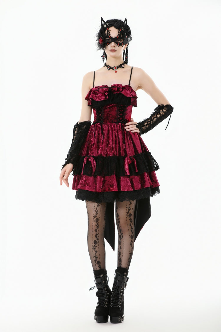 Maroon Corset Velvet Pointed-Tail Gothic Cami Mini Dress
