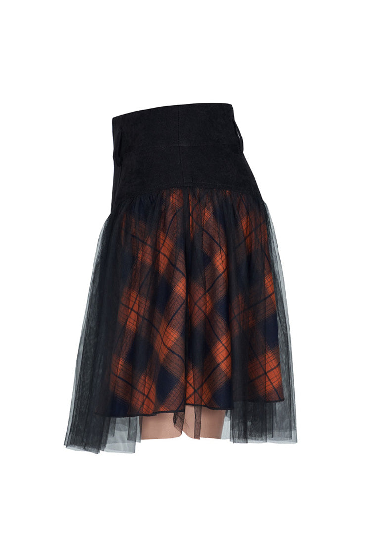 Crimson Noir Lace Mesh Stitching Plaid Metal Buckle High-Waist Punk Skirt