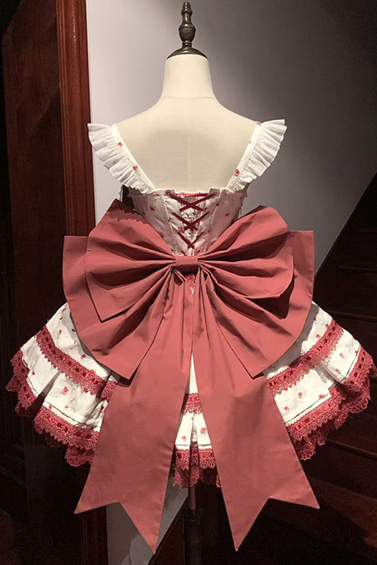 Burgundy First Love Rose Layered Print Ruffle Bow Lace Sweet Lolita JSK Dress Set
