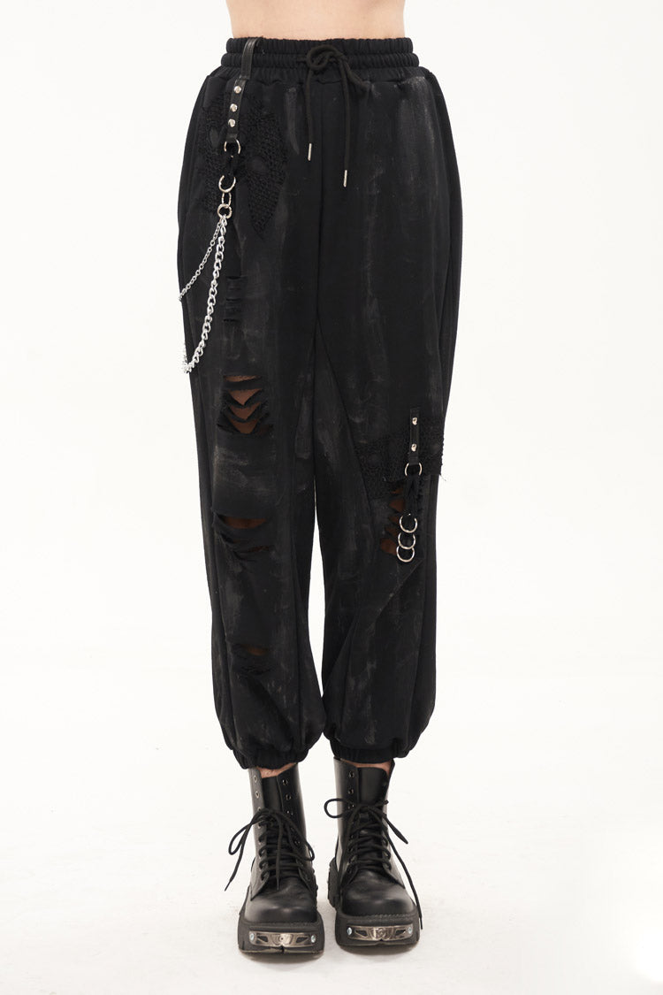 Gothic Pants with Knit Material and Hand-Painted Metal Circle Decoration
