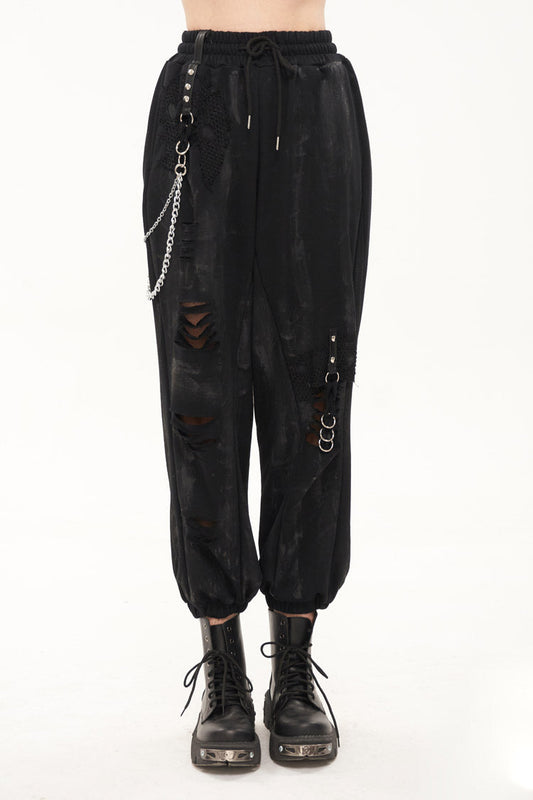 Gothic Pants with Knit Material and Hand-Painted Metal Circle Decoration