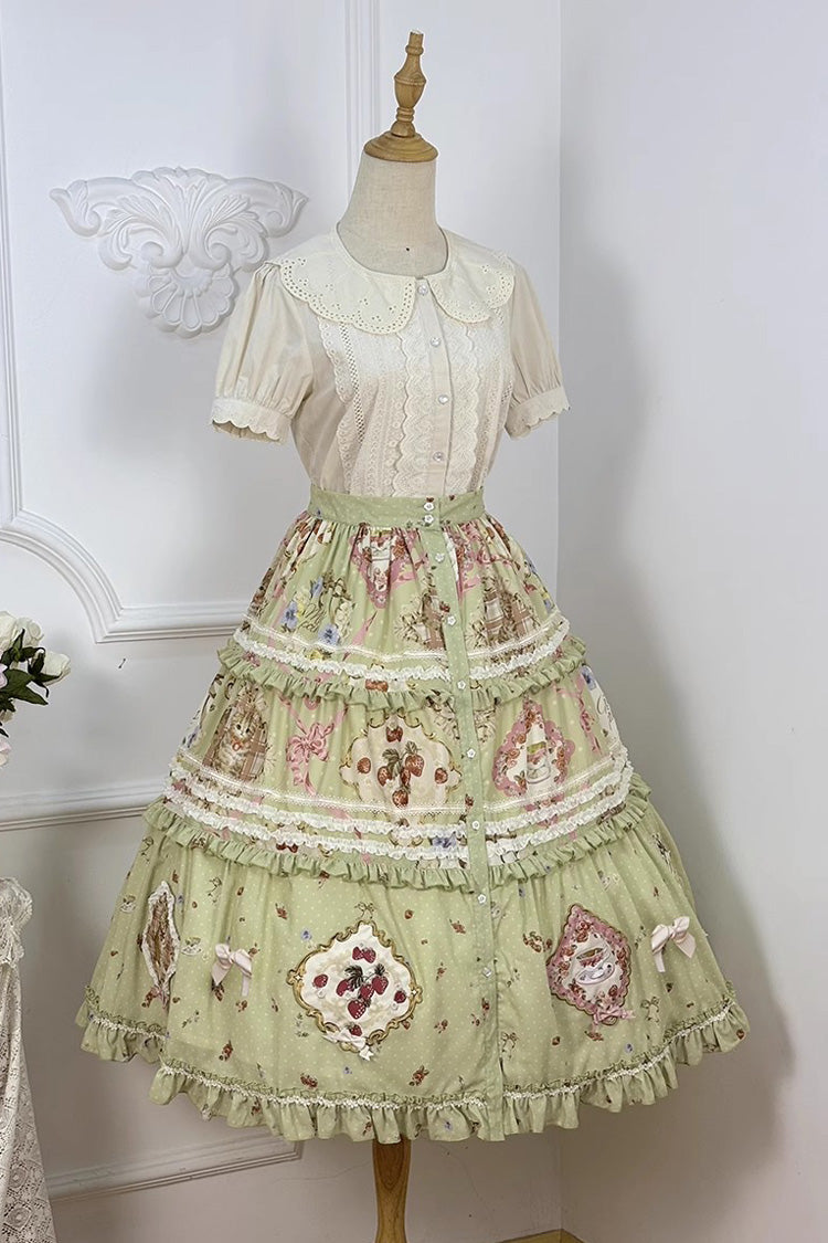 Emerald Cat Rose Tea Printed Ruffle Sweet Gorgeous Lolita Skirt