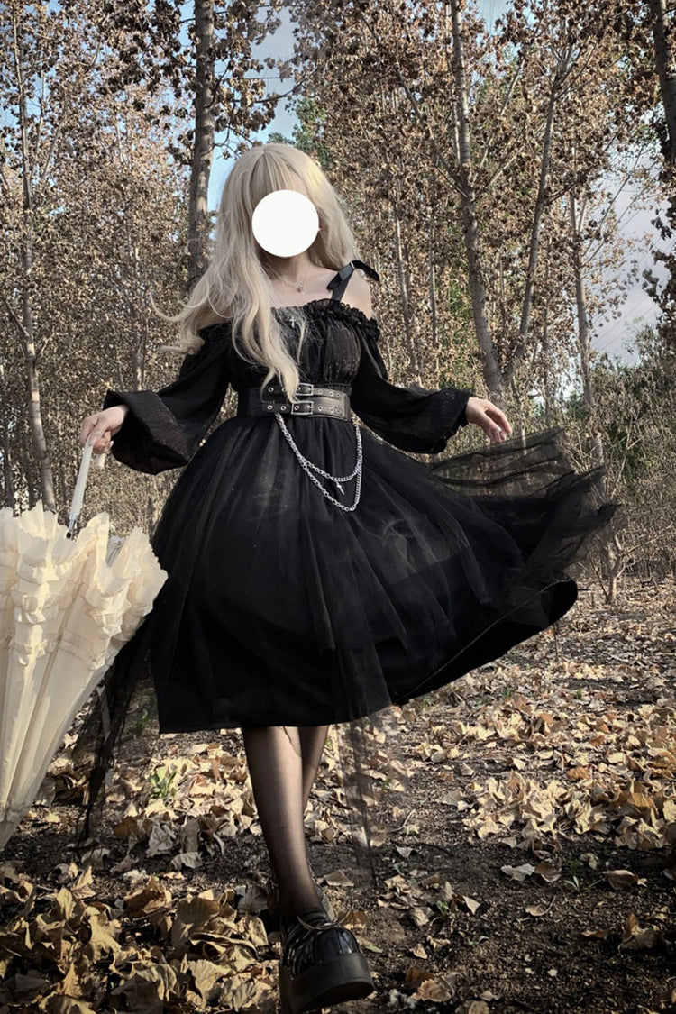 Gothic Plus-Size Lace Dress with Ruffle Bow Accents and Stitching, Long Sleeve