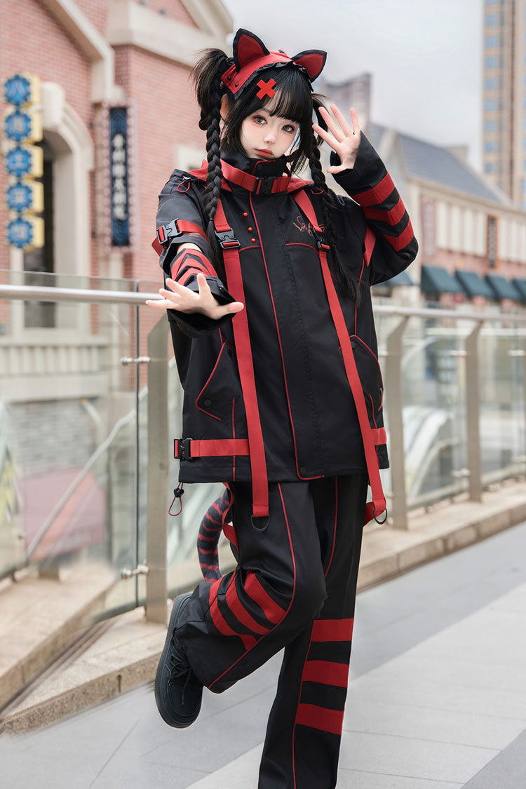 Crimson & Noir Long Sleeve Print Cat Ear Hooded Jirai Kei Stylish Coat