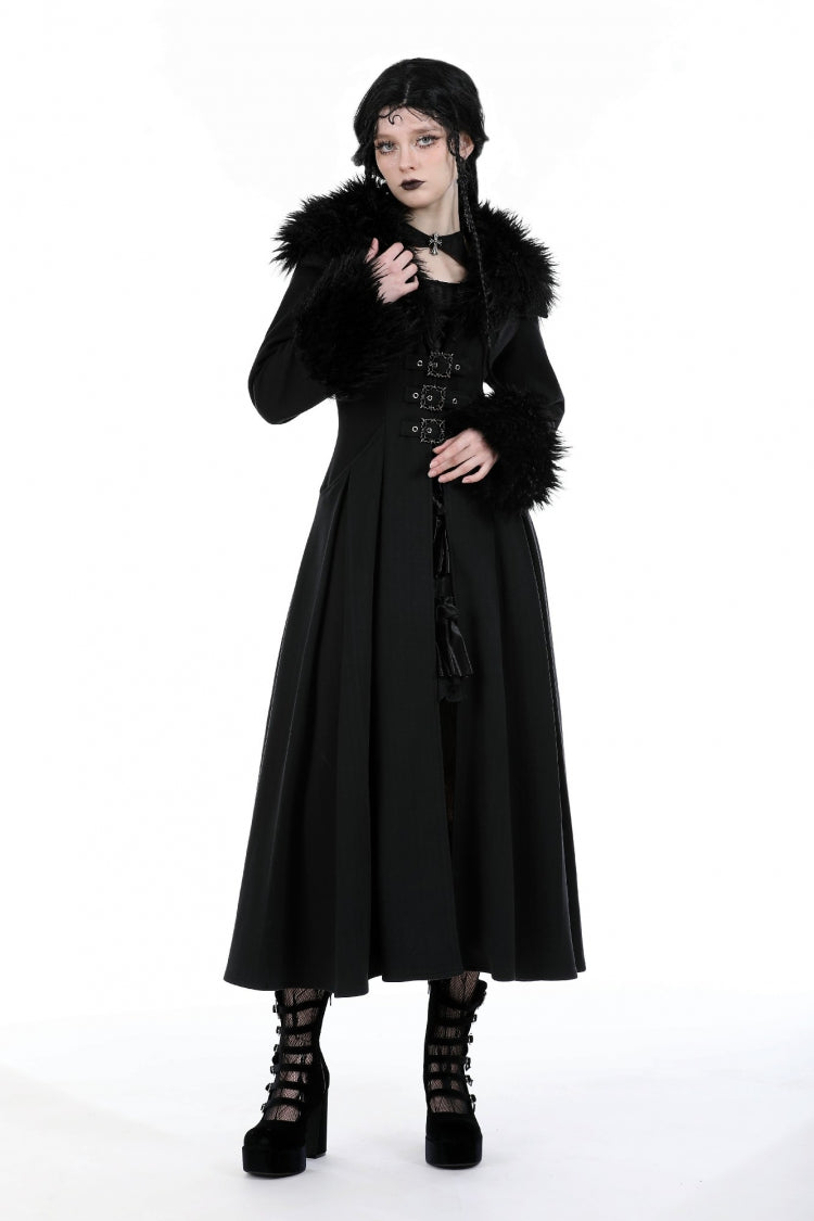 Gothic Draped Coat with Buckle Lace-Up, Faux Fur Collar, and Extended Sleeves