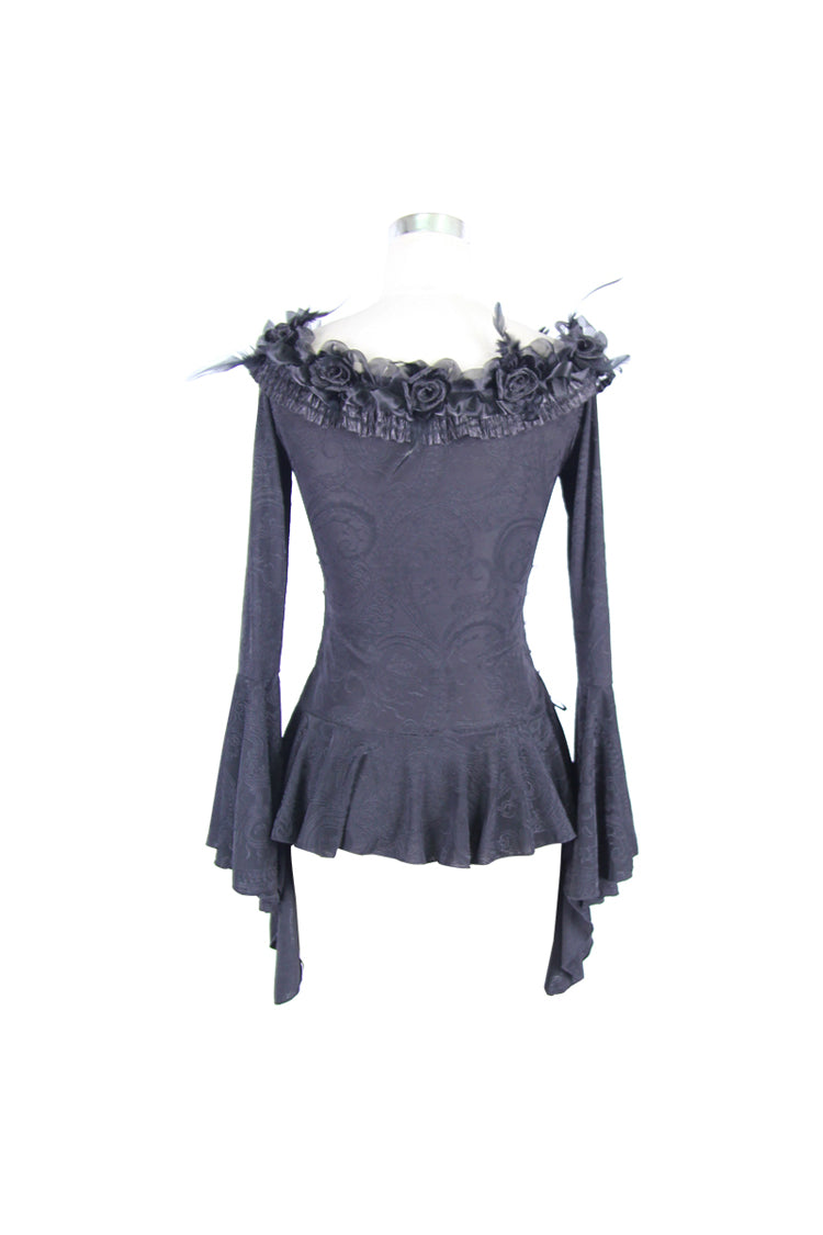 Gothic One-Shoulder Blouse with Rose, Lace-Up Flare Sleeves & Side Splice