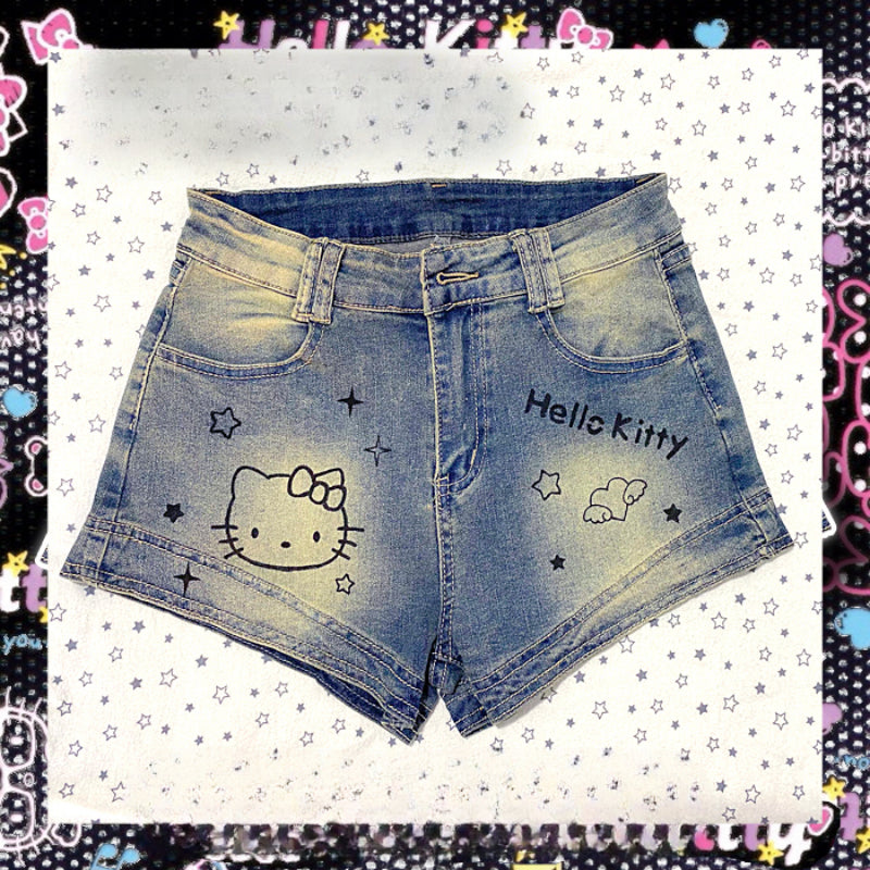 Y2K Kitty Denim Shorts Pants KI484