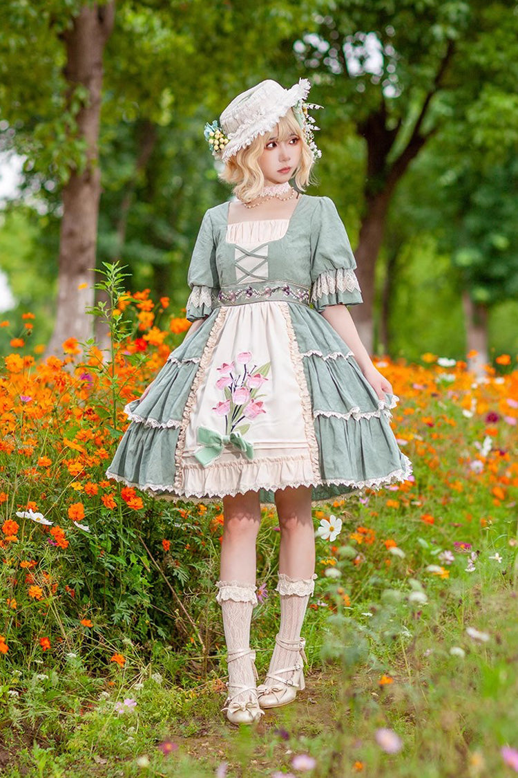 Elegant Lolita JSK with Tulip Print and Multi-Layer Embroidery