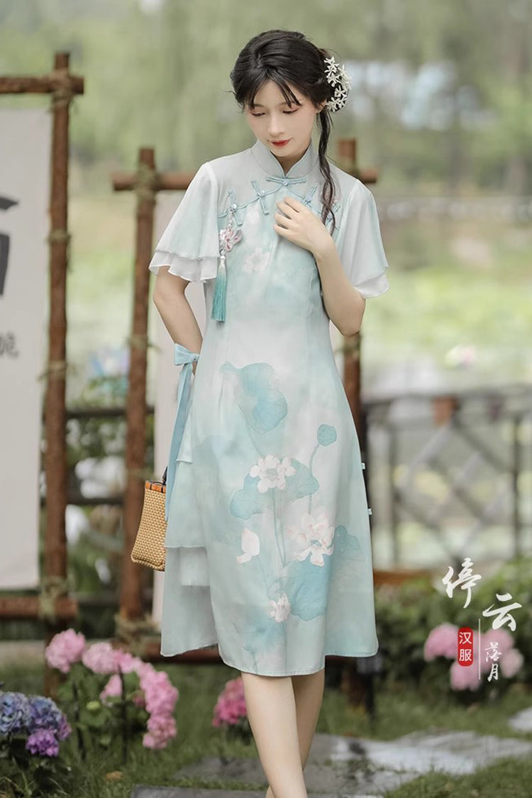 Emerald Ruffle Short Sleeve Lotus Print Sweet Cheongsam Hanfu Dress