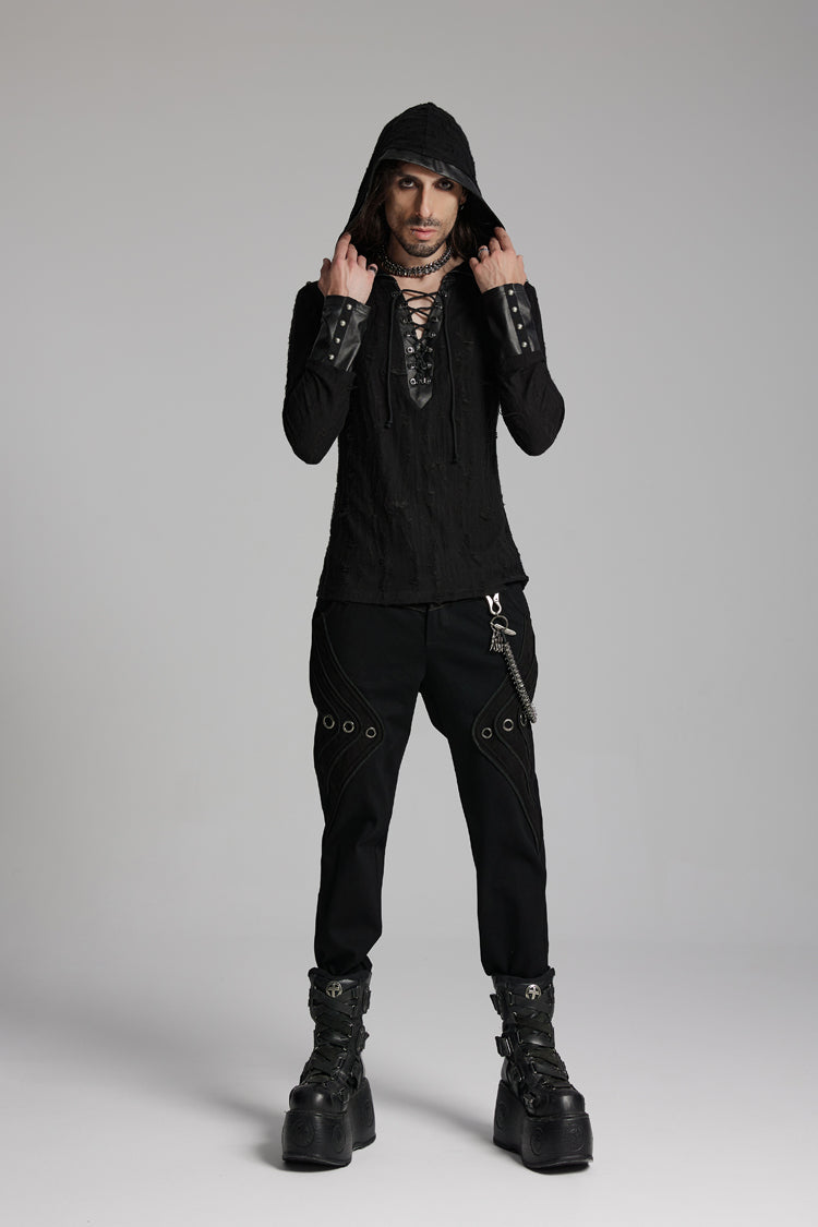 Punk Tee for Men with Lace-Up, Hood, Studs, and Eyelets, Extended Sleeves