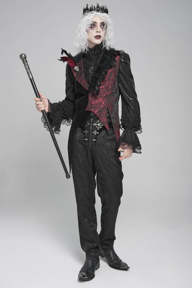 Men's Gothic Vest with Rose Print and Contrast Color, Detachable Feather Accessory