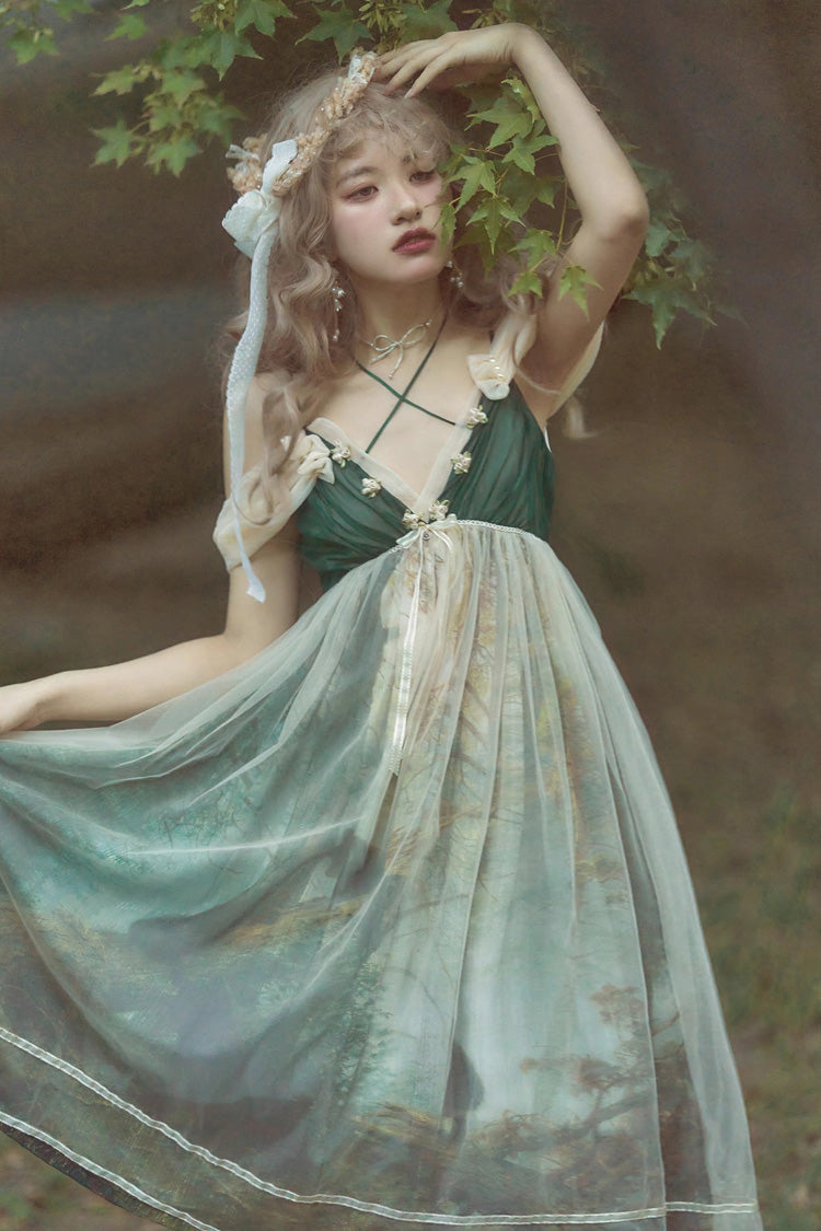 Emerald V Collar Morning in Pine Forest Print Sweet Lolita Jumper
