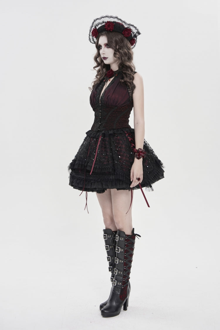 Crimson & Noir Off-Shoulder Double-Layer Embroidered Lace-Up Fitted Gothic Corset Vest