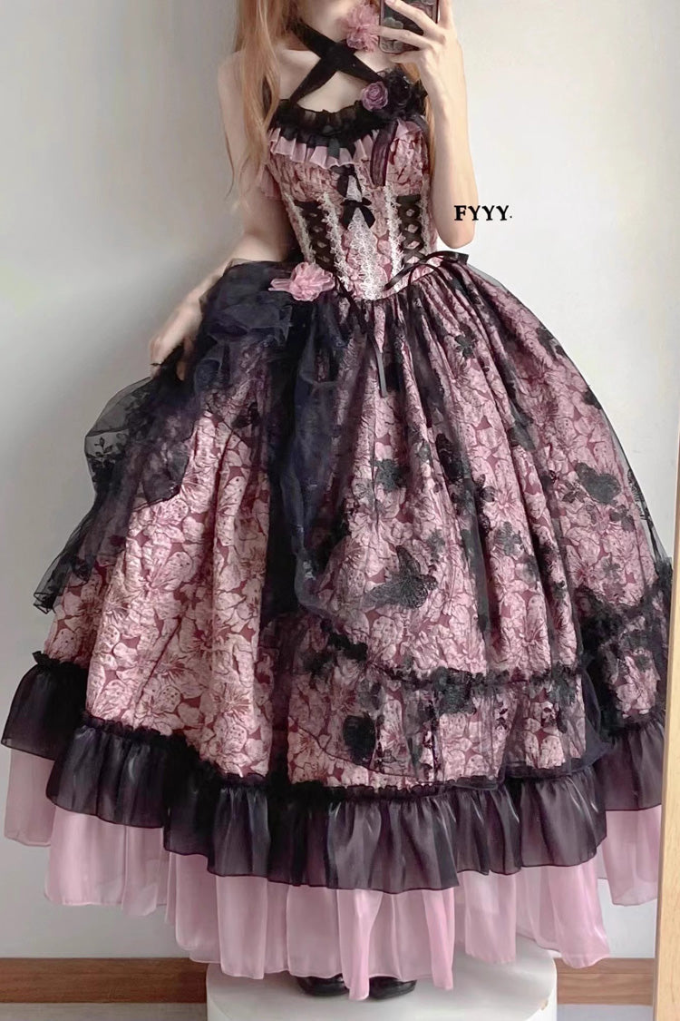 Gothic Lolita JSK Dress with Witch Print and Lace Ruffles - Medea Kiss - Dual Hues