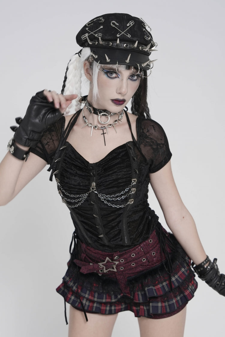 Punk Blouse with Studded Pleats and Chain Accents