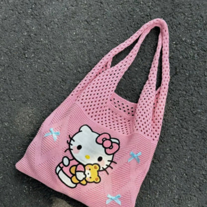 Sac fourre-tout tricoté avec nœud bleu Pink Kitty Milk KI535